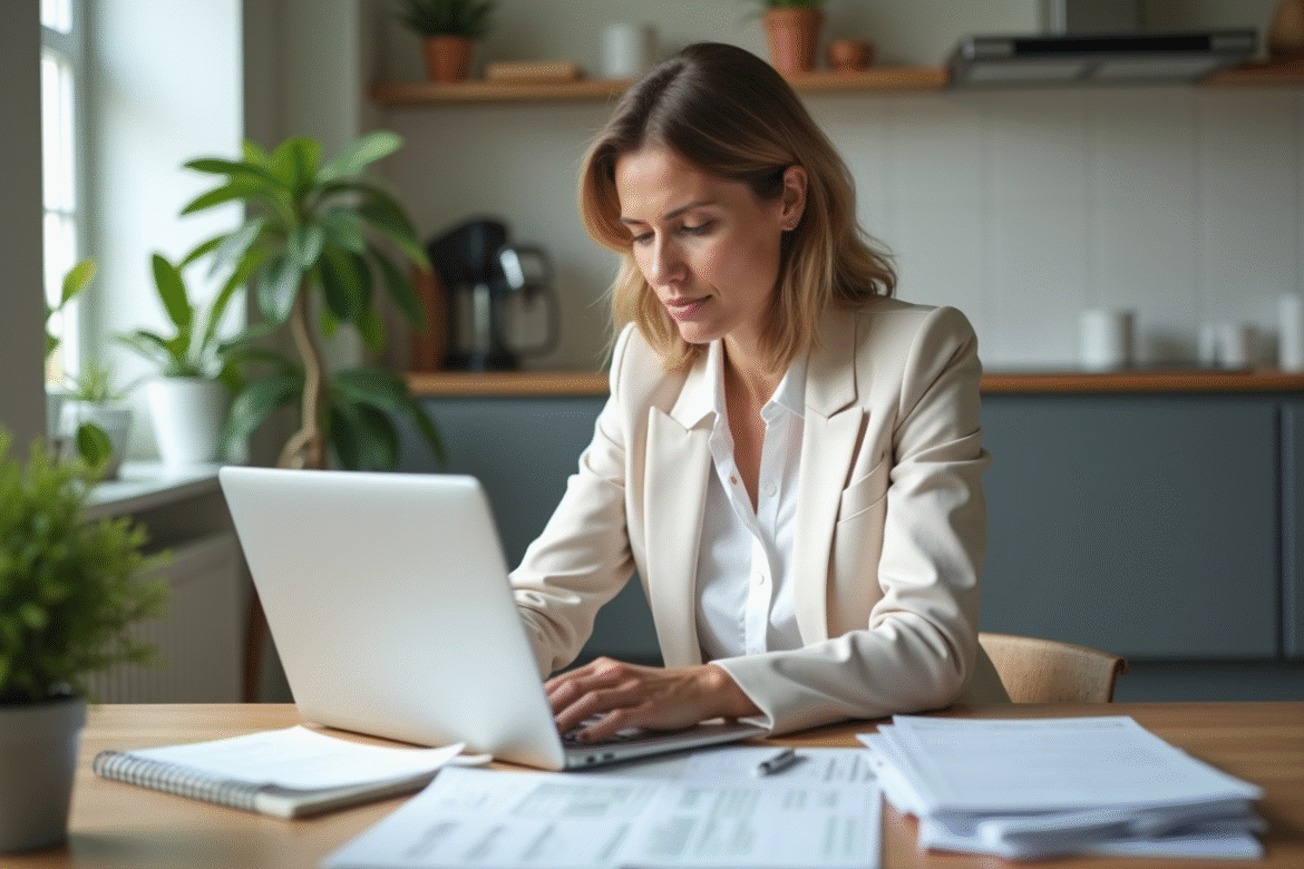 Femme concentrée remplissant un formulaire fiscal à la maison