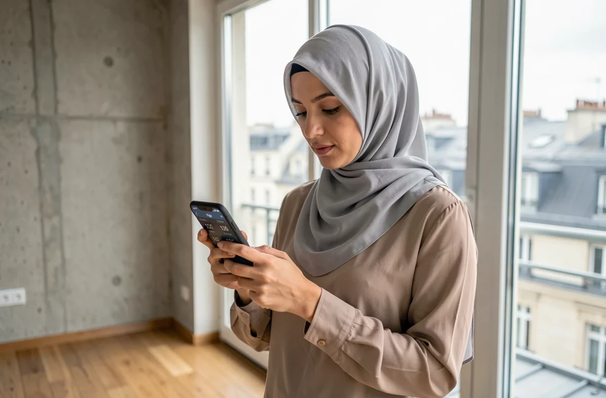 Femme musulmane vérifiant les horaires de prière sur une application mobile depuis son appartement parisien