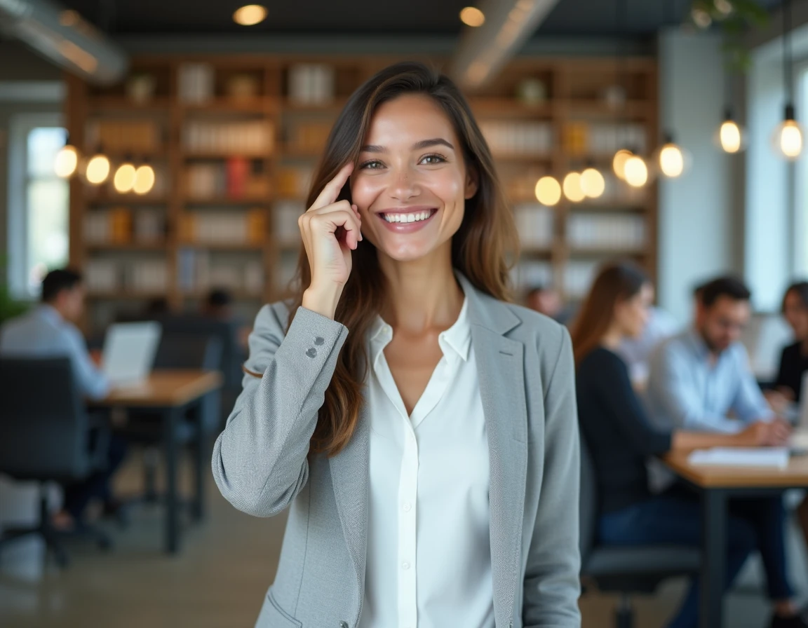 Femme souriante en bureau moderne ayant une idée de jeu de mots créatif