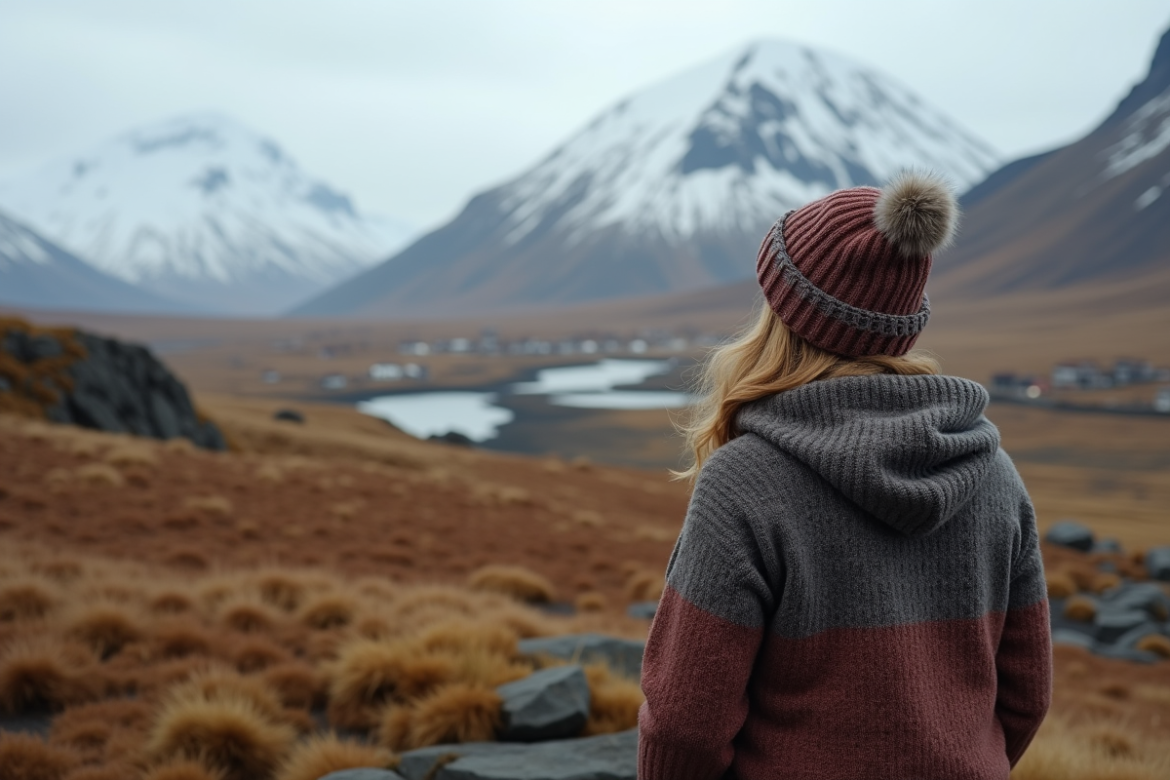 Femme islandaise contemplant le paysage isolé d'Islande