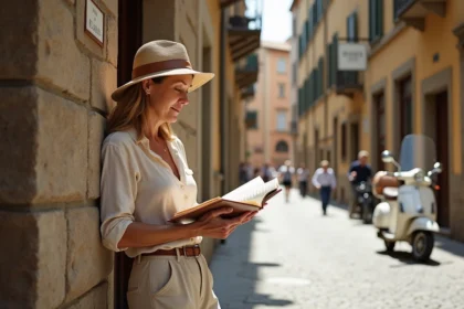 Femme italienne en été lisant un livre à Parma