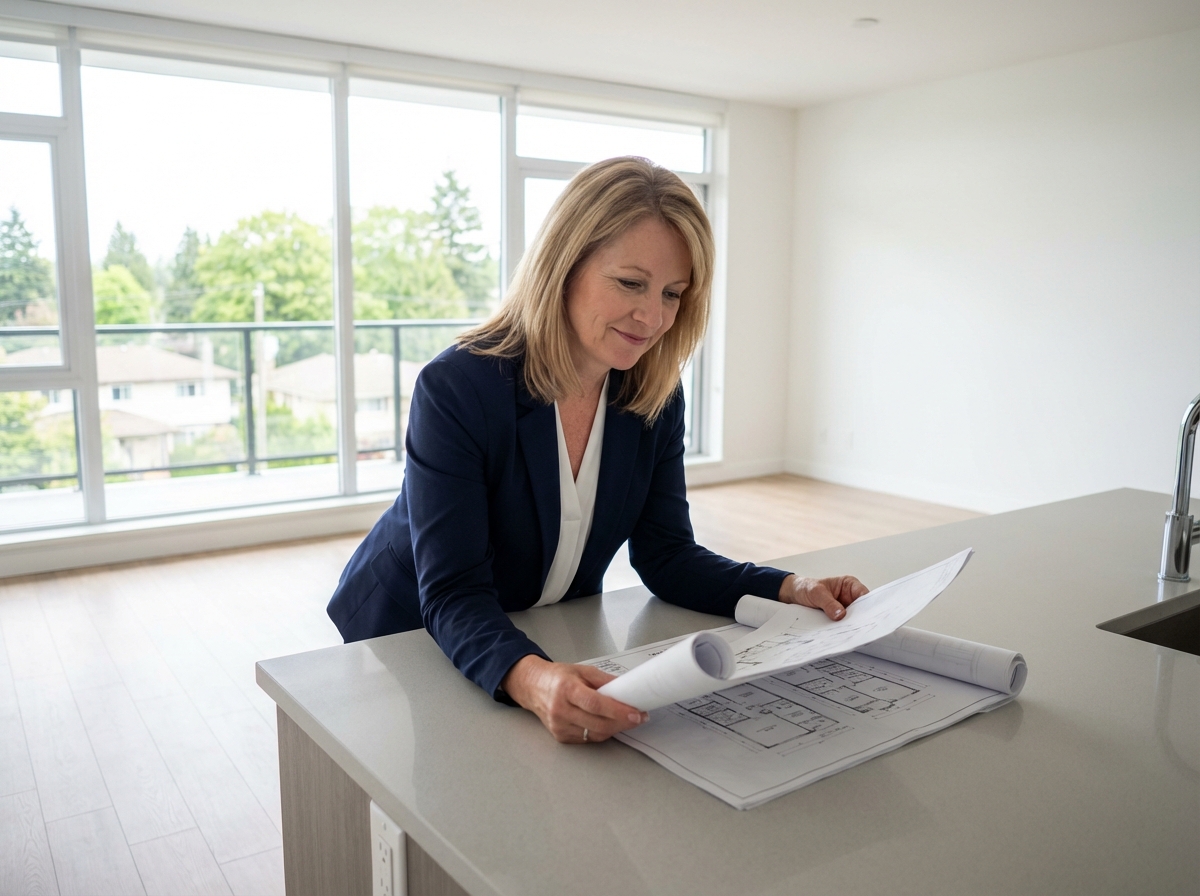 Femme d affaires examine plans dans cuisine lumineuse