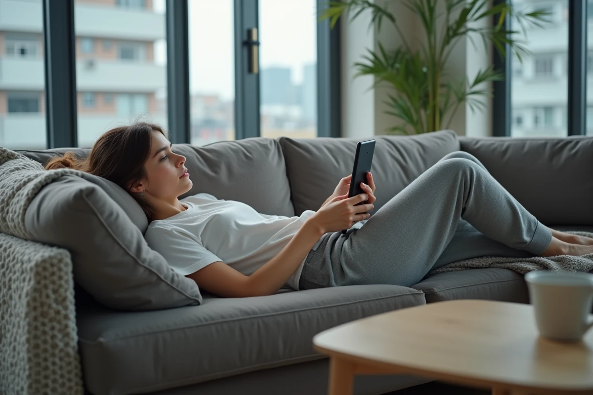 Jeune femme lisant un scan de manga One Piece sur une tablette allongée sur un canapé dans un appartement moderne