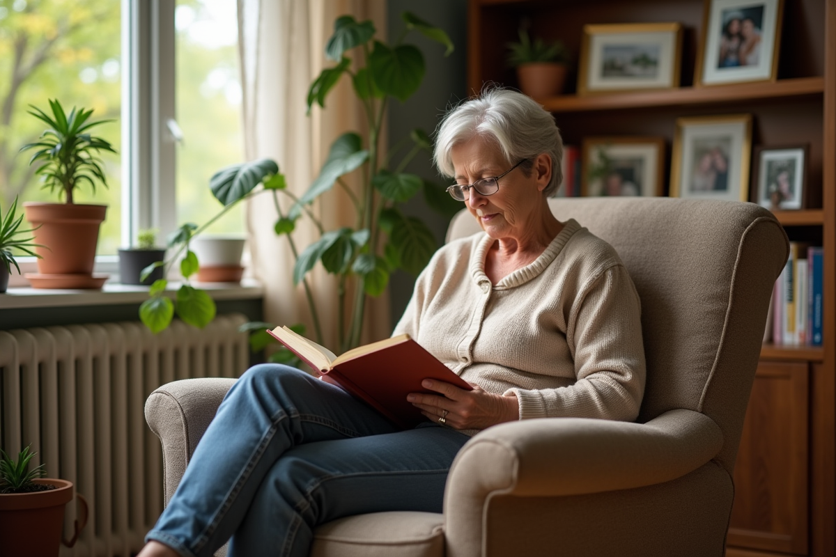 Femme lisant dans un salon cosy et lumineux