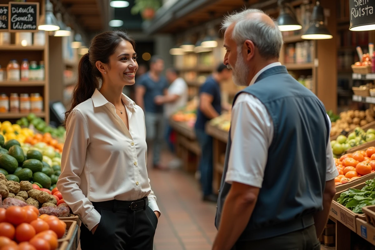 Femme jeune parlant avec un commerçant dans un marché animé