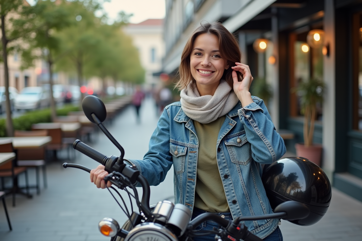 Femme avec casque à côté de sa moto en ville