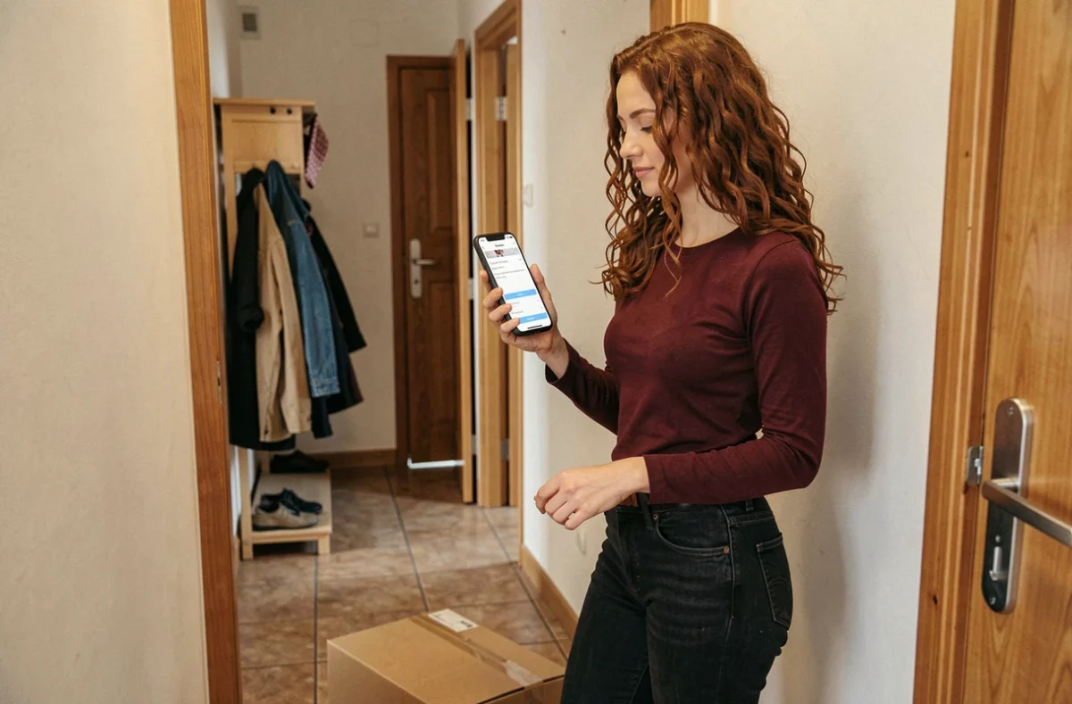 Jeune femme vérifiant une notification de suivi de livraison DPD sur son téléphone devant la porte de son appartement avec un colis