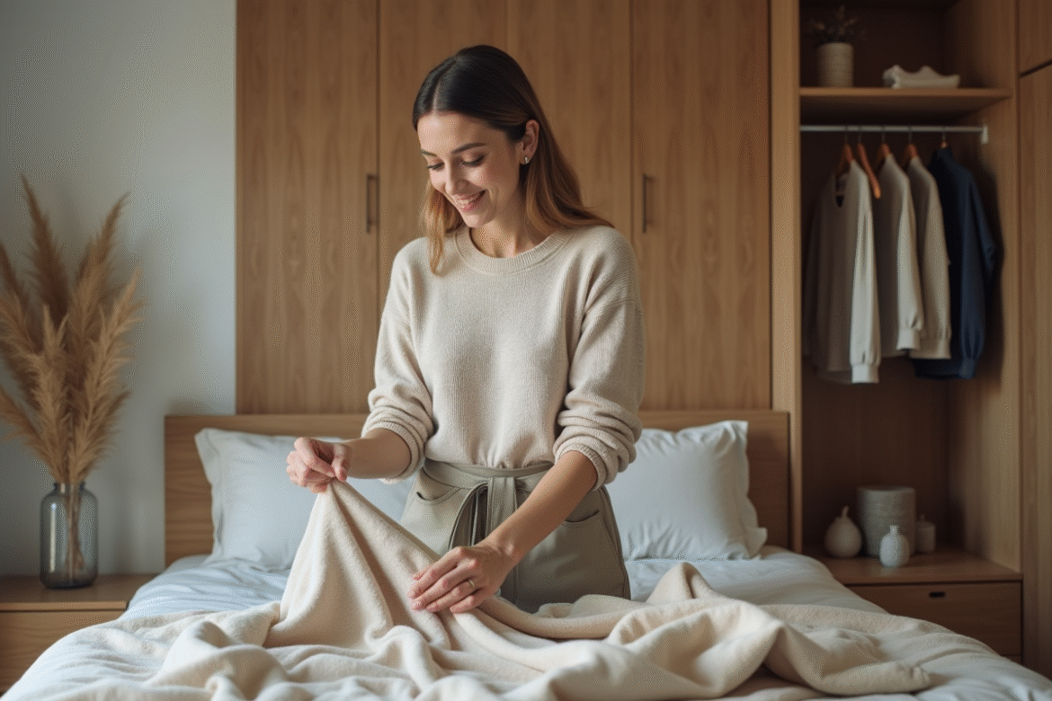 Femme organisant sa garde-robe capsule dans une chambre moderne