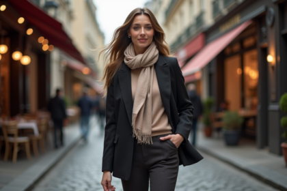 Jeune femme élégante marche dans Paris avec un blazer et foulard