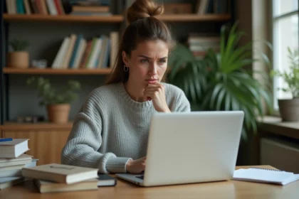 Femme perplexe devant son ordinateur portable cherchant une encyclopédie collaborative en ligne