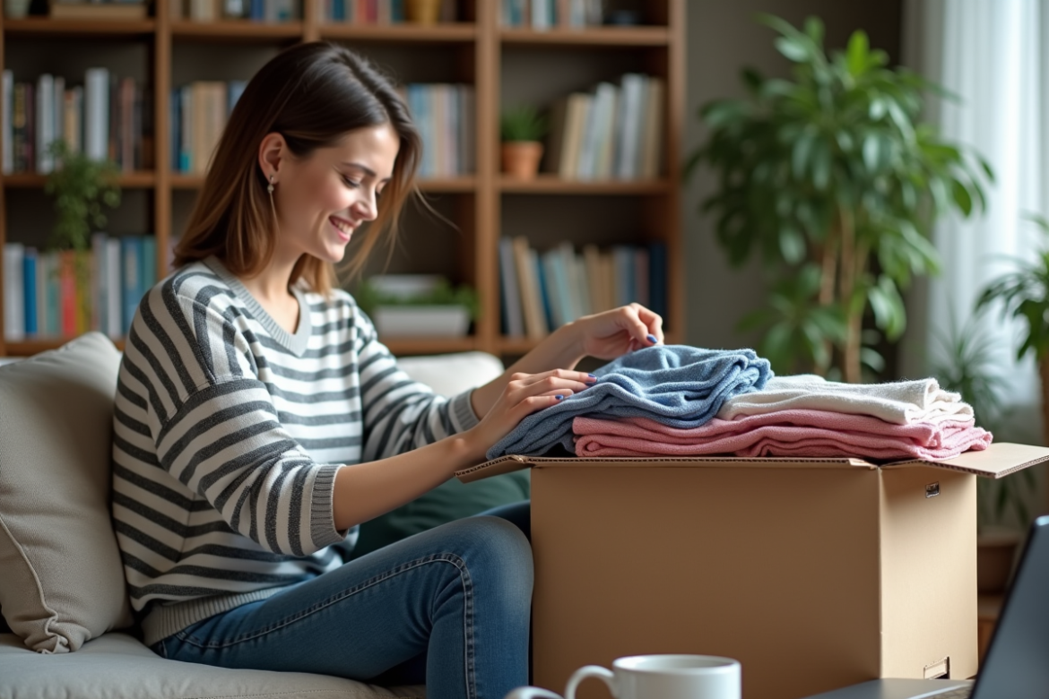 Jeune femme pliant des vêtements colorés dans un salon cosy
