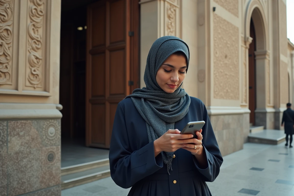 Jeune femme musulmane consulte son mobile devant une mosquee