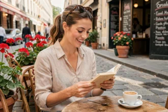 Femme souriante profitant d'une journée ensoleillée en terrasse de café avec un livre et un espresso