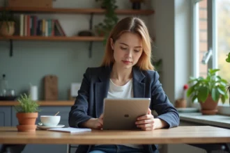 Femme concentrée faisant un quiz politique sur tablette dans une cuisine lumineuse
