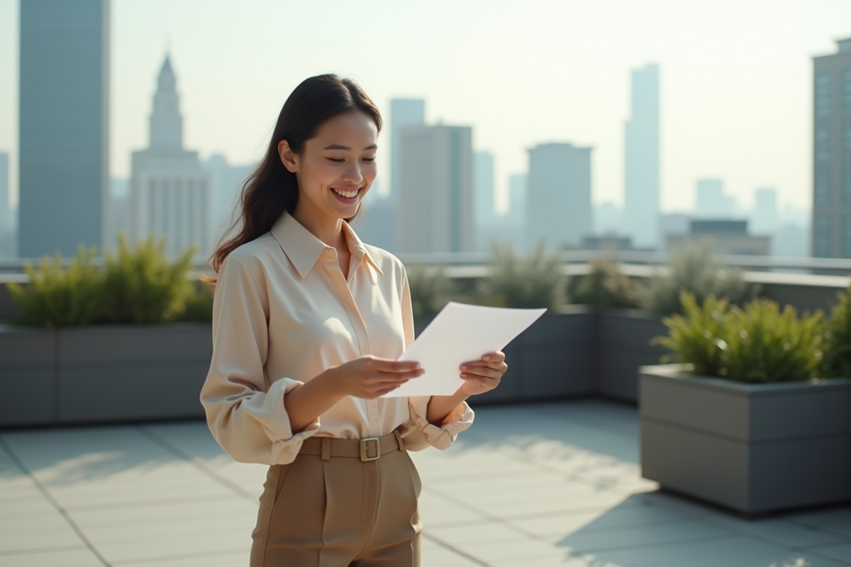Jeune femme sur un toit urbain examine des documents d