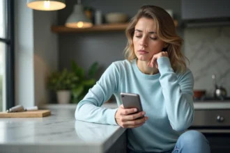 Femme pensive utilisant son smartphone dans la cuisine