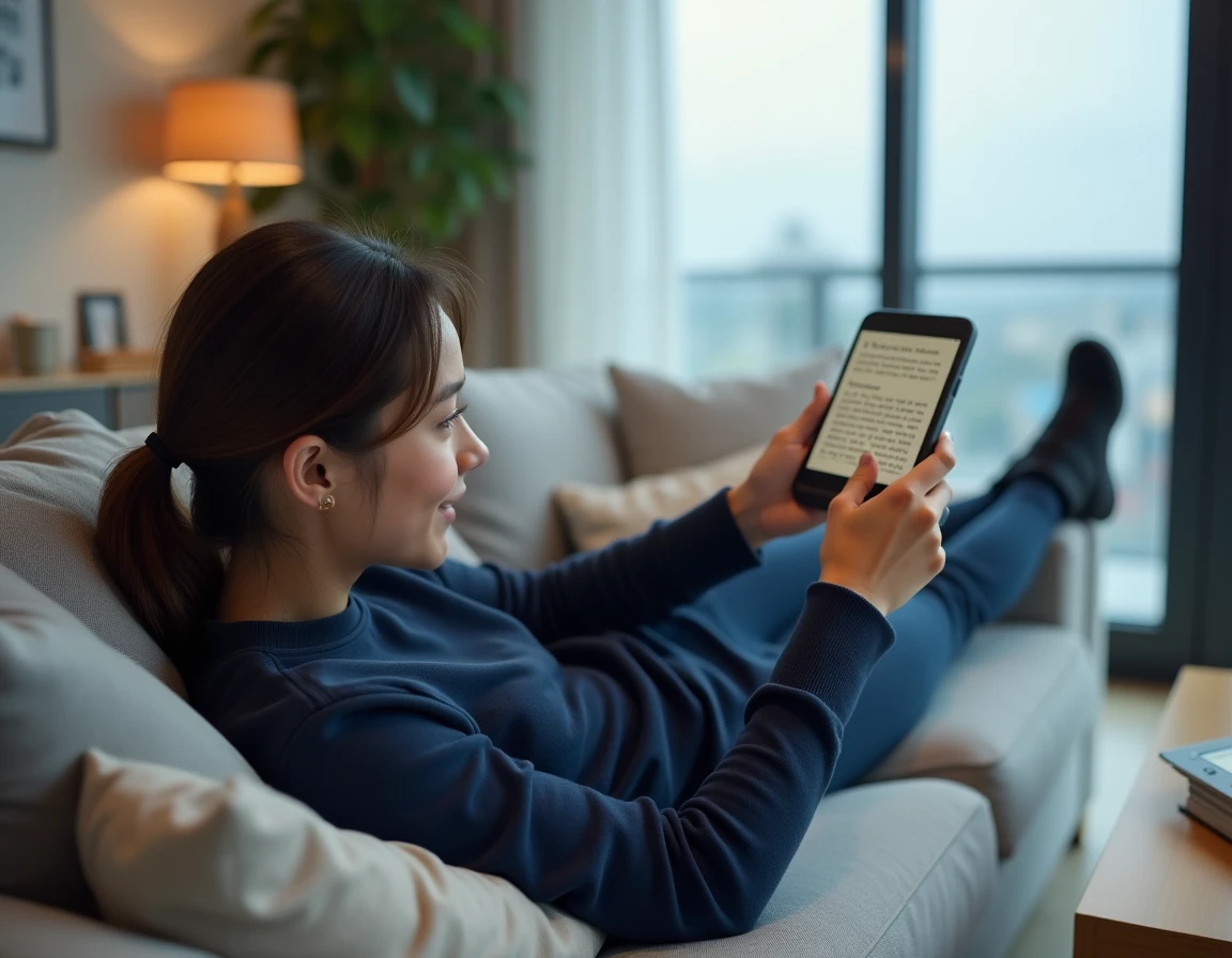 Femme allongée sur un canapé consultant des scans de manga sur smartphone dans un salon moderne