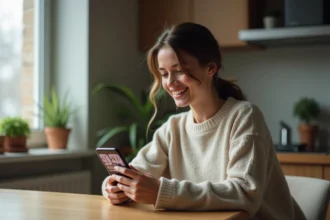 Jeune femme souriante regardant son téléphone à 20h20 dans un intérieur cosy