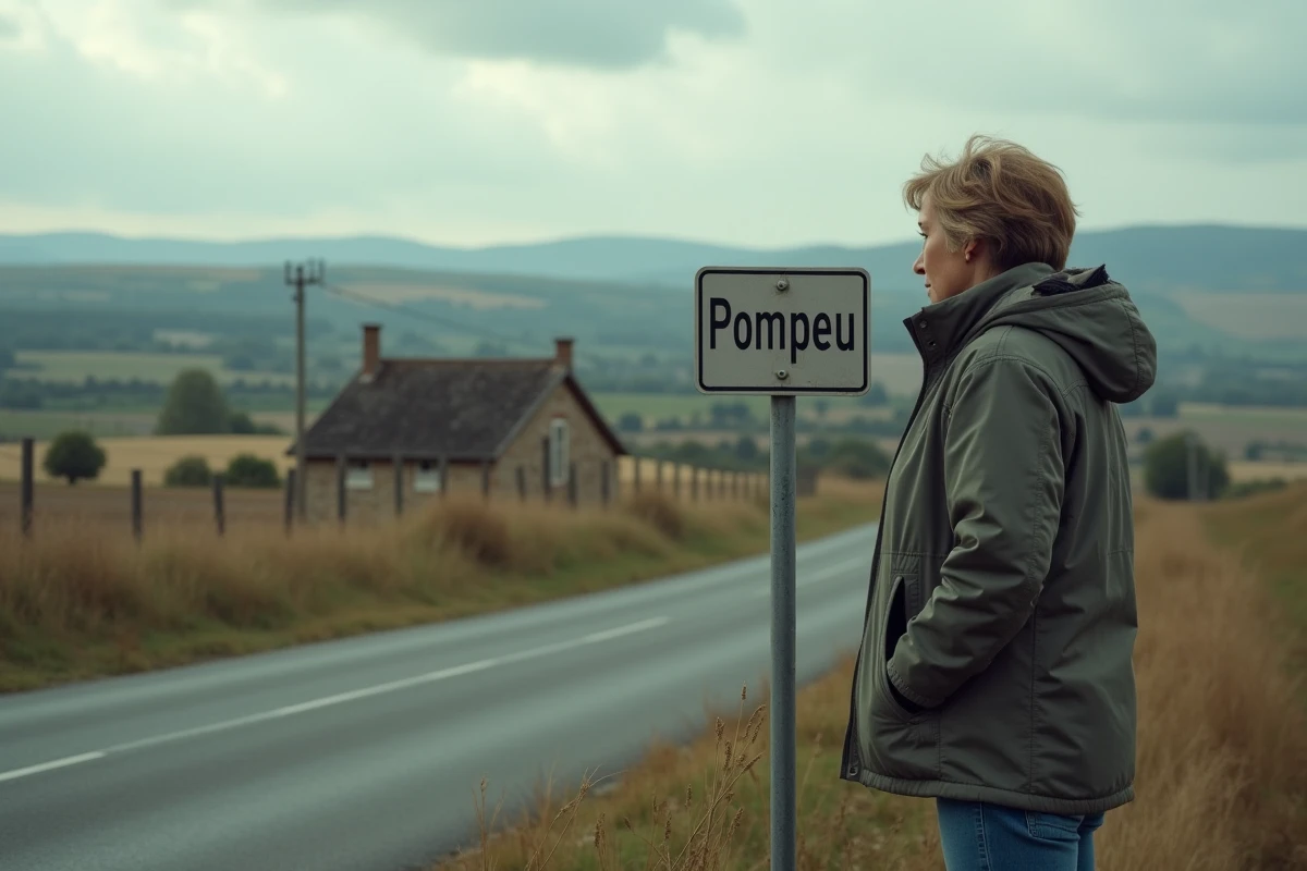 Femme regardant un panneau routier dans un paysage rural