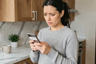 Femme lisant un SMS de suivi de colis DPD sur son smartphone dans une cuisine moderne, expression attentive et prudente