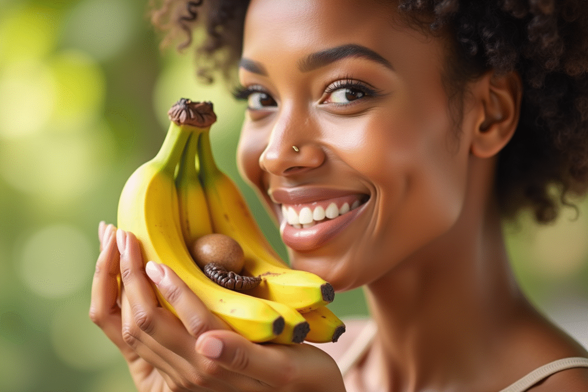 Femme souriante avec aliments riches en vitamine B6