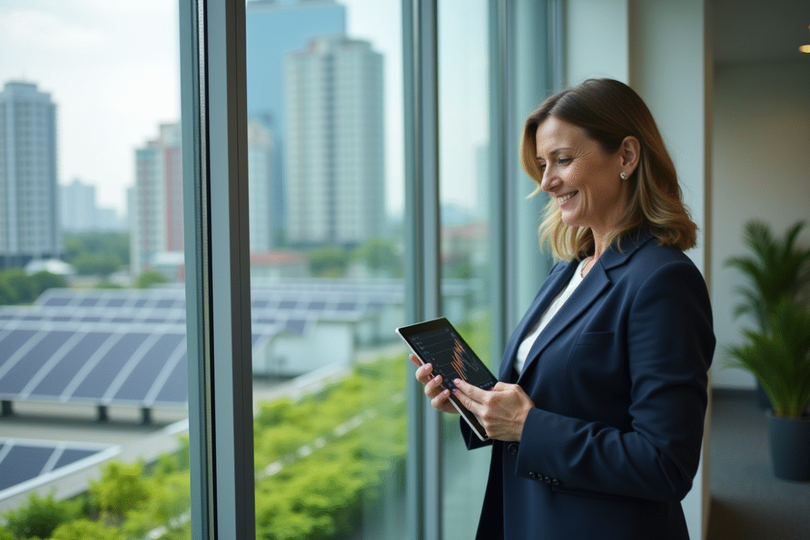 Femme en costume navy tenant une tablette avec graphique durable