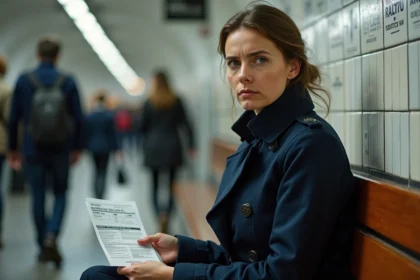 Femme anxieuse tenant un avis de pénalité RATP dans le métro parisien