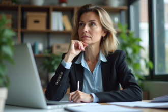 Femme concentrée au bureau dans un espace moderne