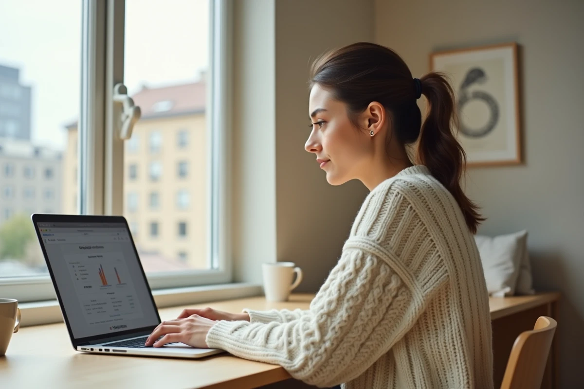 Jeune femme utilisant Fusov sur son ordinateur portable depuis son bureau à domicile en 2026