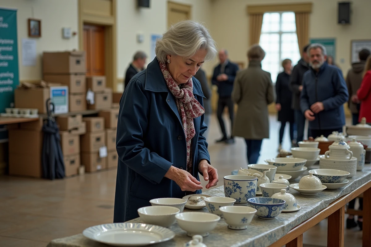 Femme en imper navy cherchant des céramiques vintage