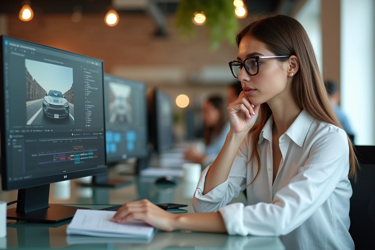 Femme créatrice de contenu automobile analysant ses revenus de monétisation vidéo dans un espace de coworking