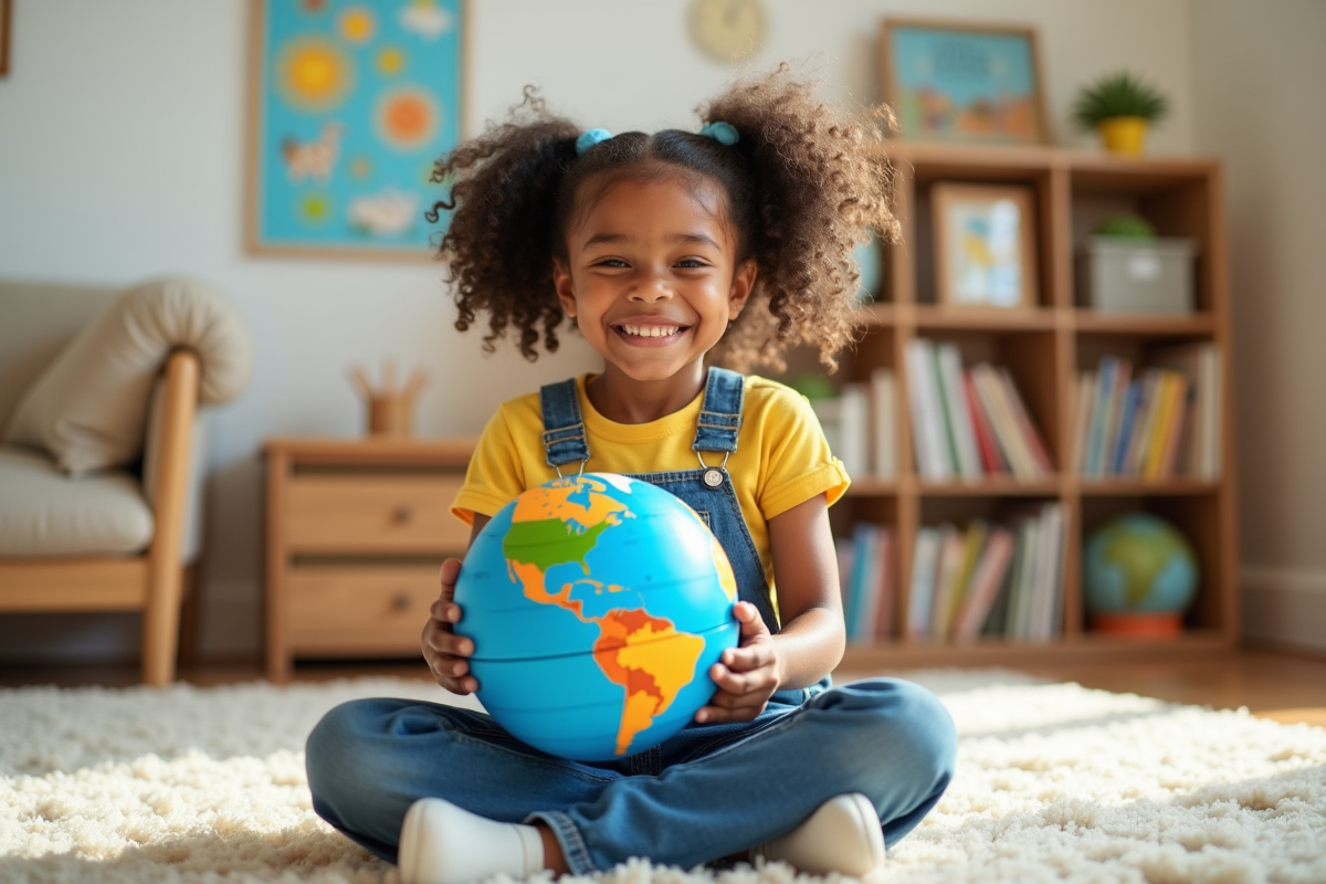 Fille de 9 ans fière avec puzzle globe dans la main