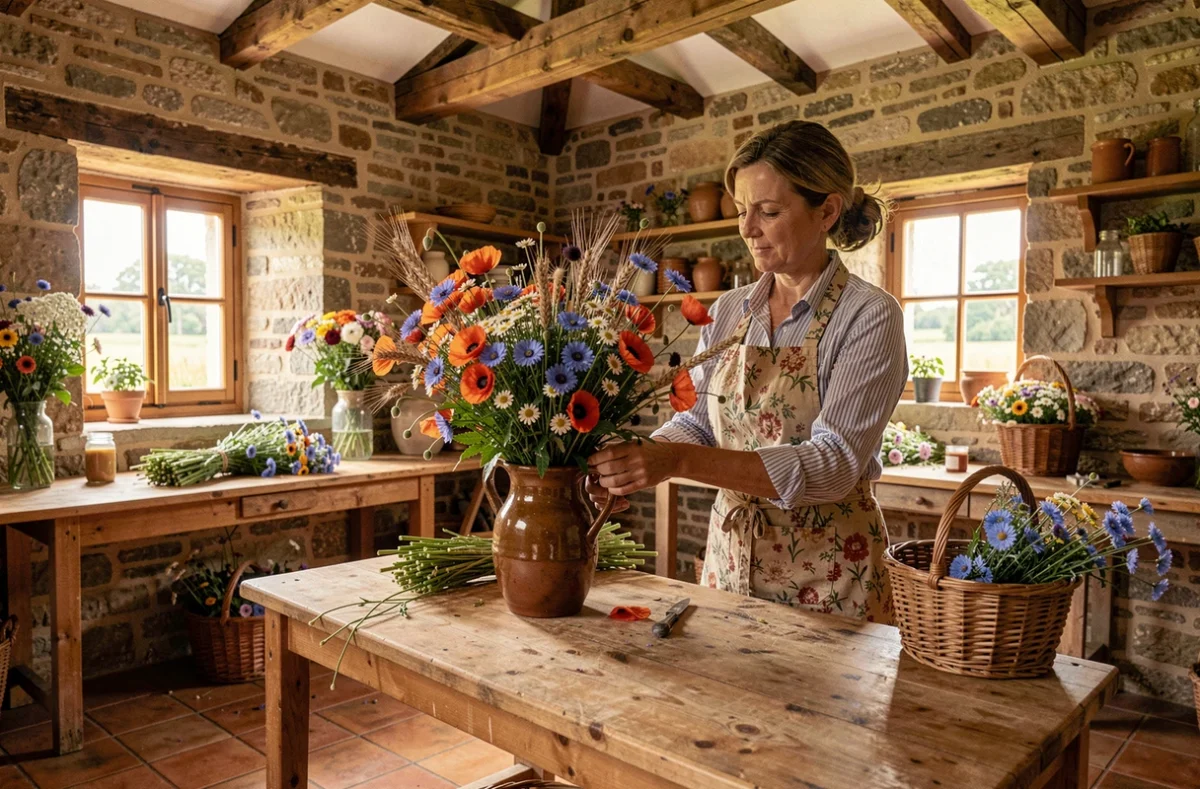 Fleuriste de Fleurs De Caux L'Atelier en pays de Caux arrangeant des fleurs des champs locales dans une cruche en grès dans un atelier en pierre normande