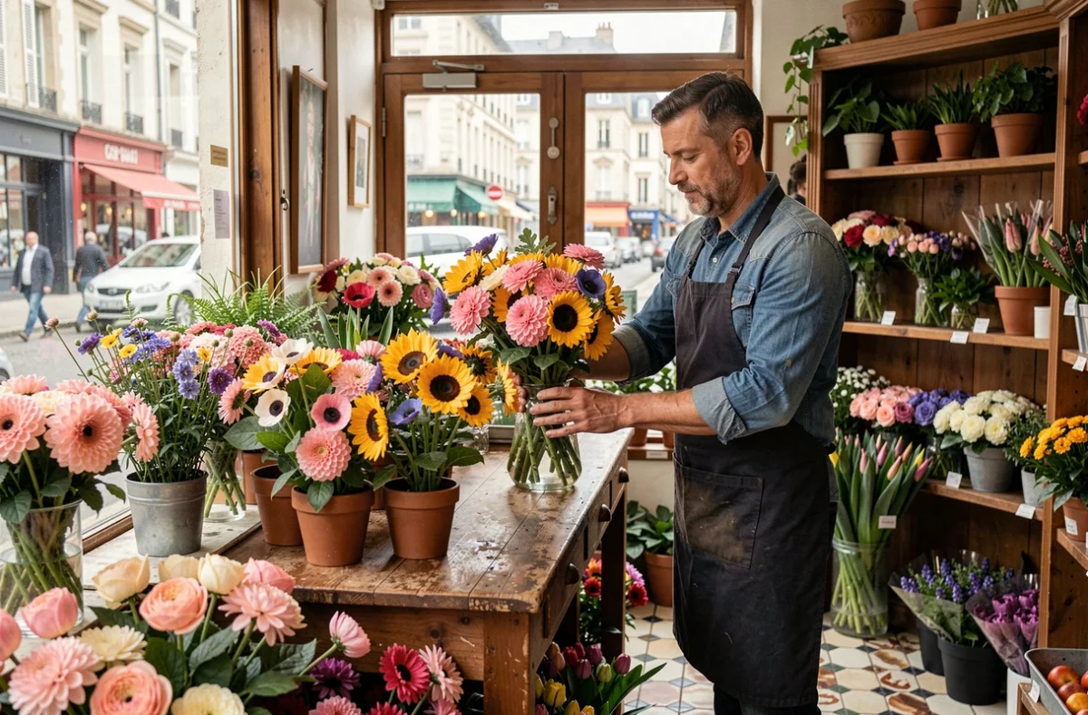 Fleuriste de Fleurs de Lys en centre-ville de Rouen composant un bouquet coloré de tournesols, dahlias et anémones derrière son comptoir
