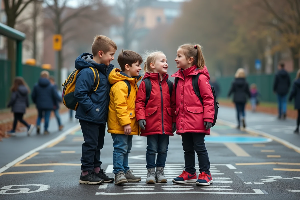 Trois enfants jouent et chuchotent dans la cour d