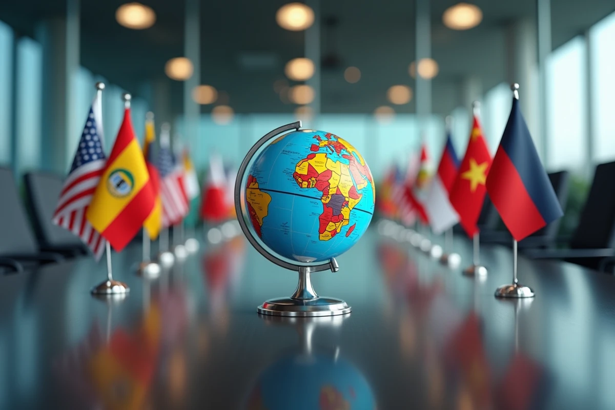 Globe terrestre avec drapeaux de pays et épingles de capitales sur une table de conférence moderne