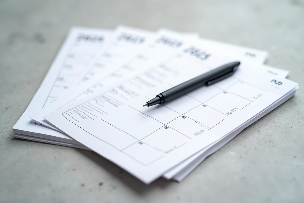 Gros plan sur des feuilles de calendrier 2026 minimalistes empilées avec annotations manuscrites et stylo plume
