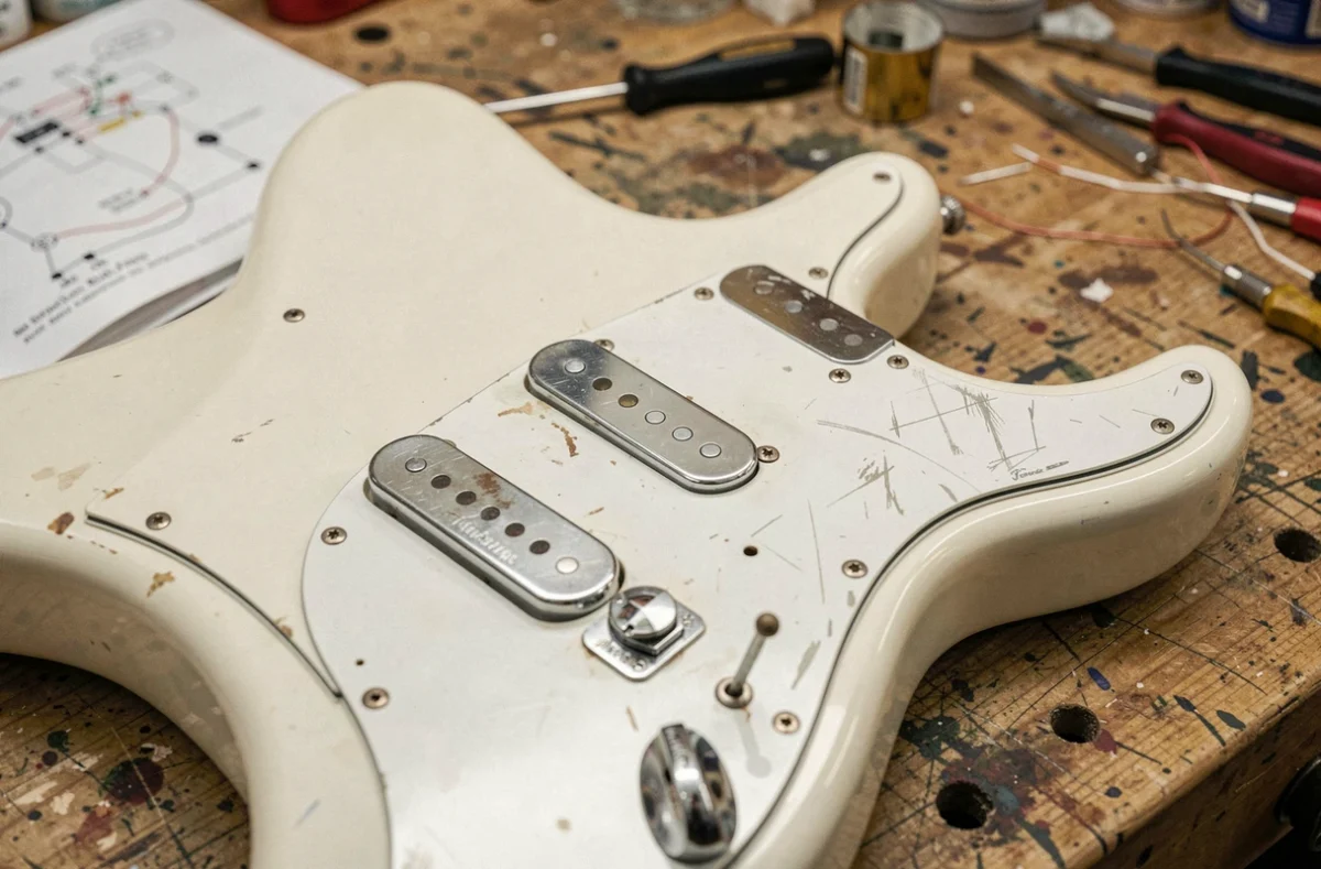 Gros plan sur les micros Samarium Cobalt Noiseless d'une Fender Stratocaster blanche posée sur un établi de luthier