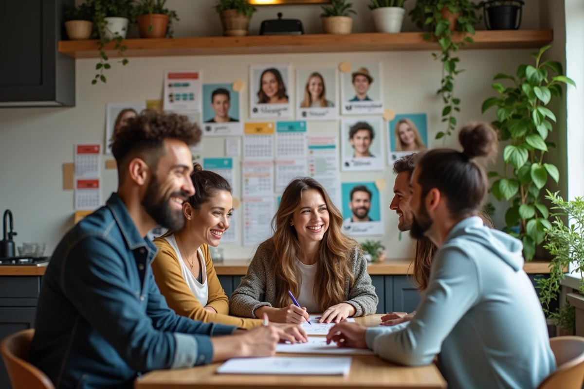 Groupe d'amis autour d'un calendrier de célébrités