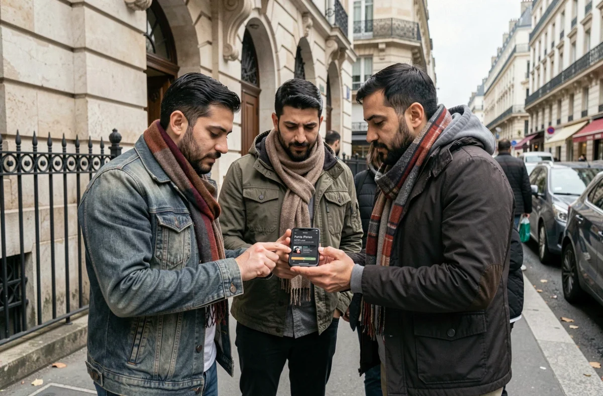 Groupe d'hommes consultant ensemble une application d'heure de prière devant une mosquée dans le 19ème arrondissement de Paris