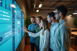 Groupe de personnes découvrant la plateforme Fusov dans un espace de coworking moderne en 2026