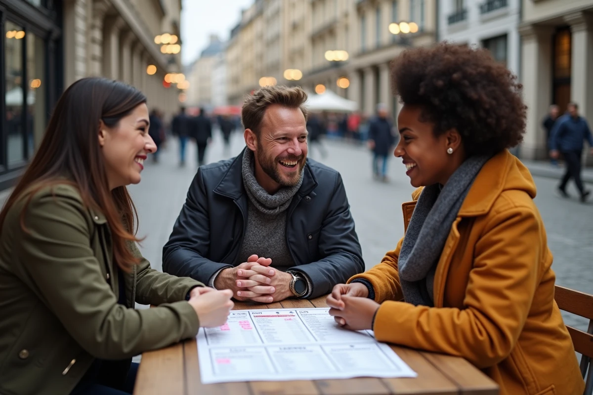 Trois adultes discutant autour d une table en ville lors d une discussion politique