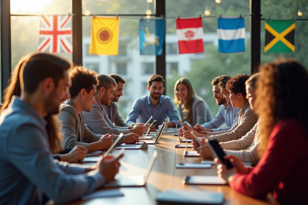 Groupe diversifié utilisant des smartphones avec drapeaux du monde