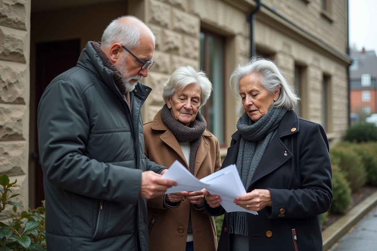Trois personnes regardant des papiers devant un immeuble social