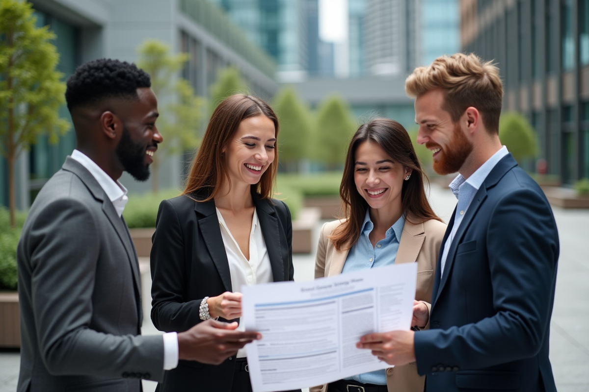 Groupe divers de jeunes professionnels discutant en extérieur