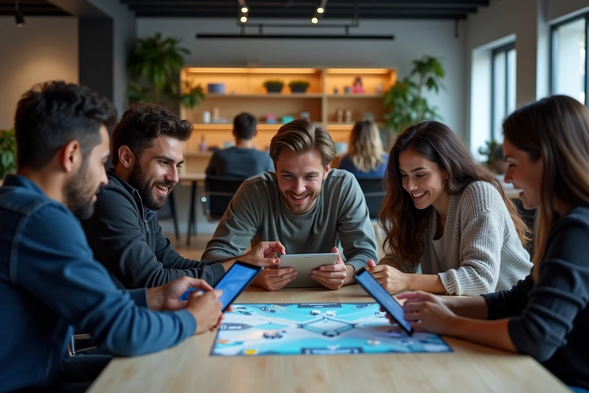 Groupe de jeunes adultes discutant autour d une table de jeux