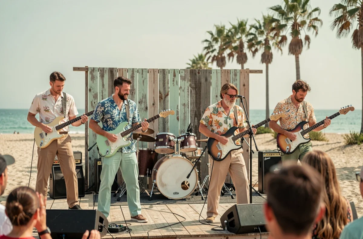 Groupe de surf rock en concert en plein air sur une scène de festival côtier, guitariste avec Stratocaster vert seafoam