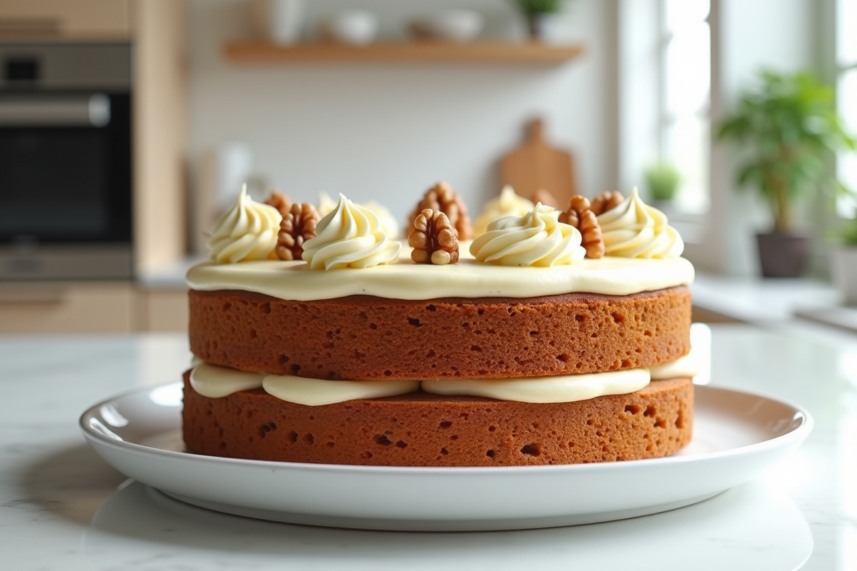 Gâteau à la carotte entier avec glaçage et noix sur une assiette blanche