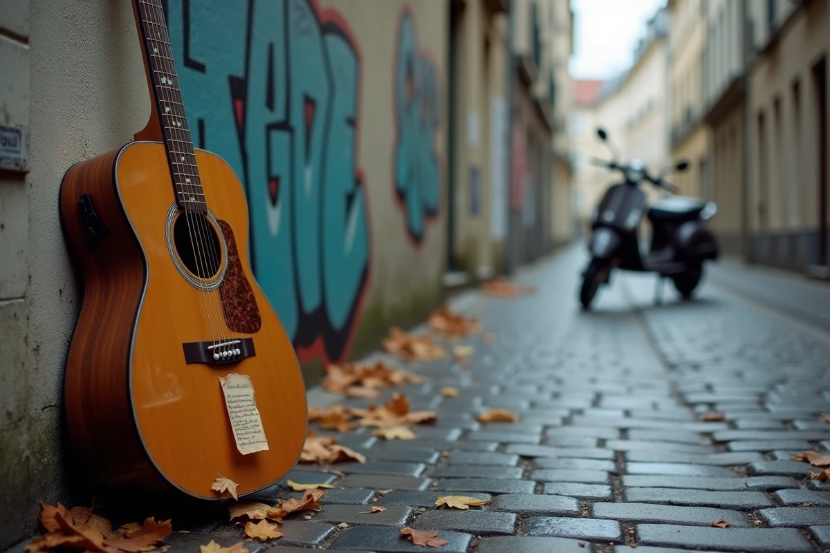 Guitare acoustique posée contre un mur tagué dans une ruelle pavée parisienne, feuilles d'automne et ambiance chanson française