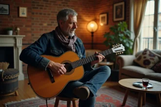 Homme jouant de la guitare acoustique dans un salon parisien chaleureux, ambiance Renaud, vinyles et écharpe plaid